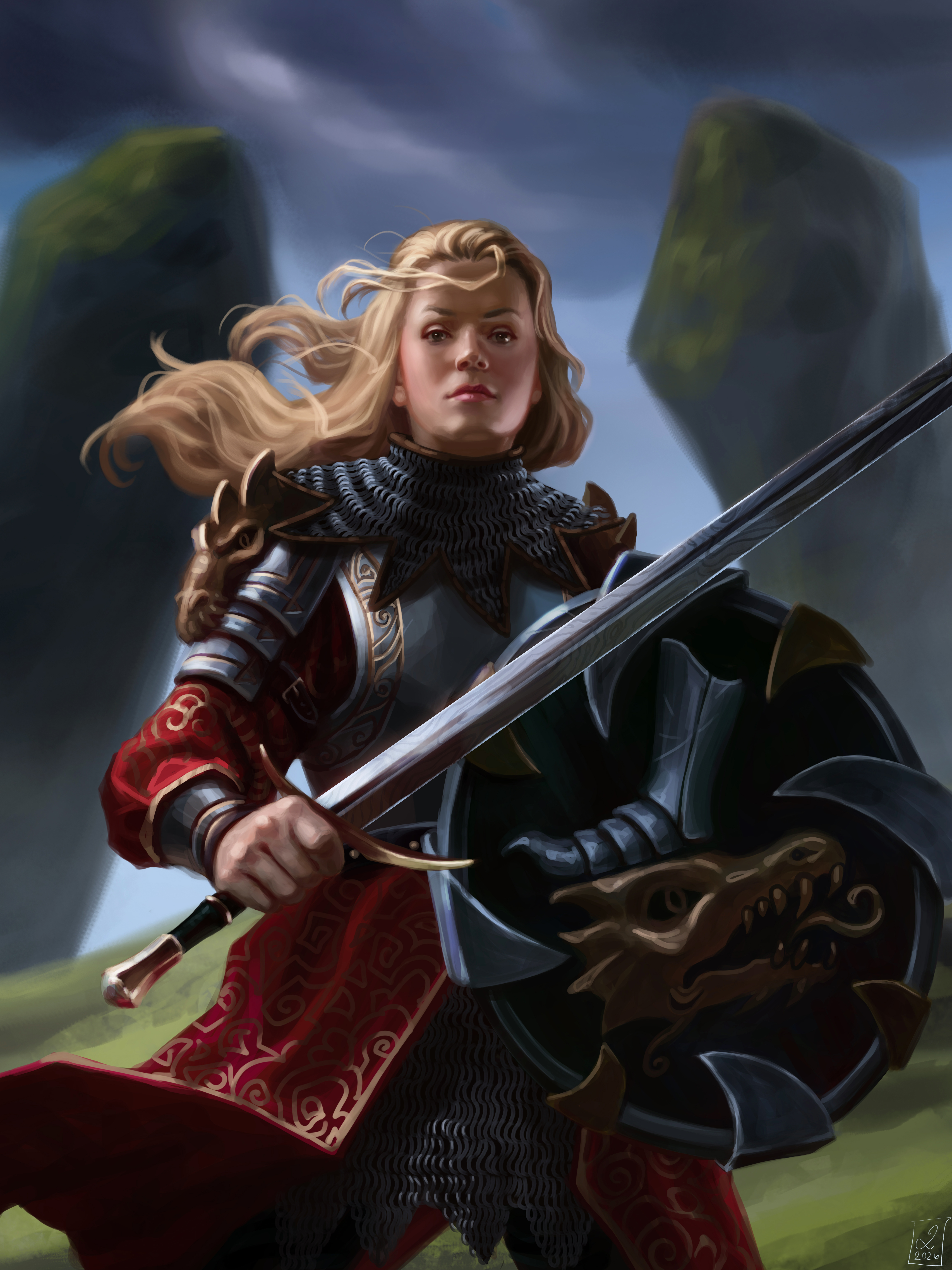 A lone paladin watching a distant citadel beyond misty cliffs