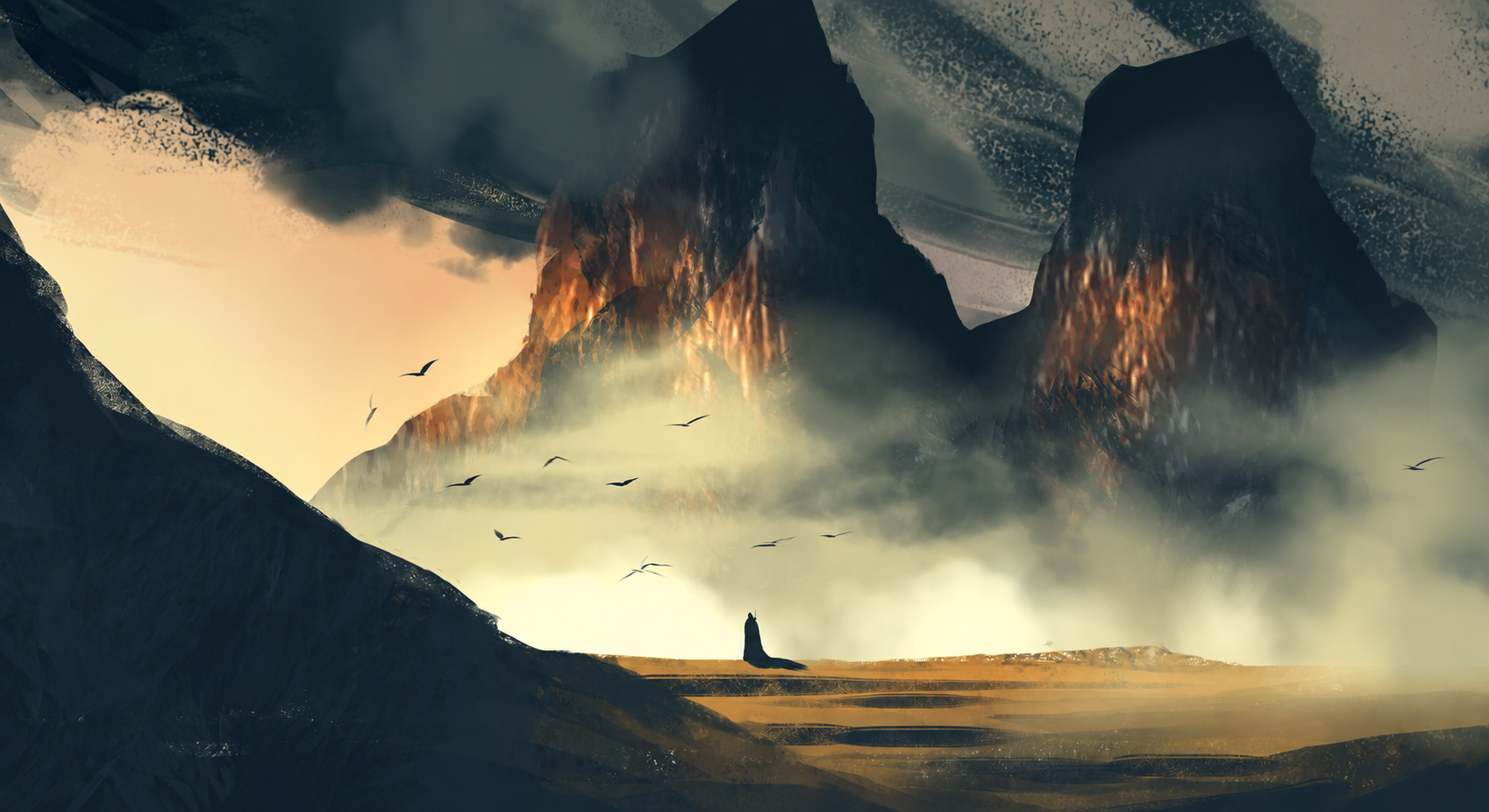 A solitary paladin looking toward a ruined citadel
